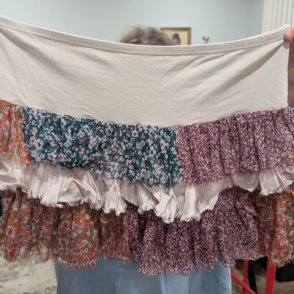 Free People Cream and Green Ruffled Mini Skirt